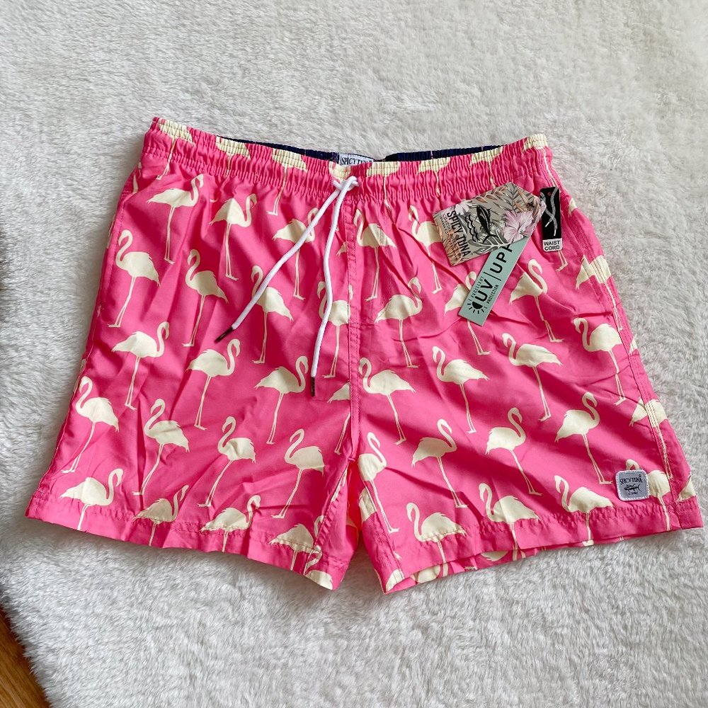 Spicy Tuna Men's Swim Trunk, Flamingos, Soft Pink, XL